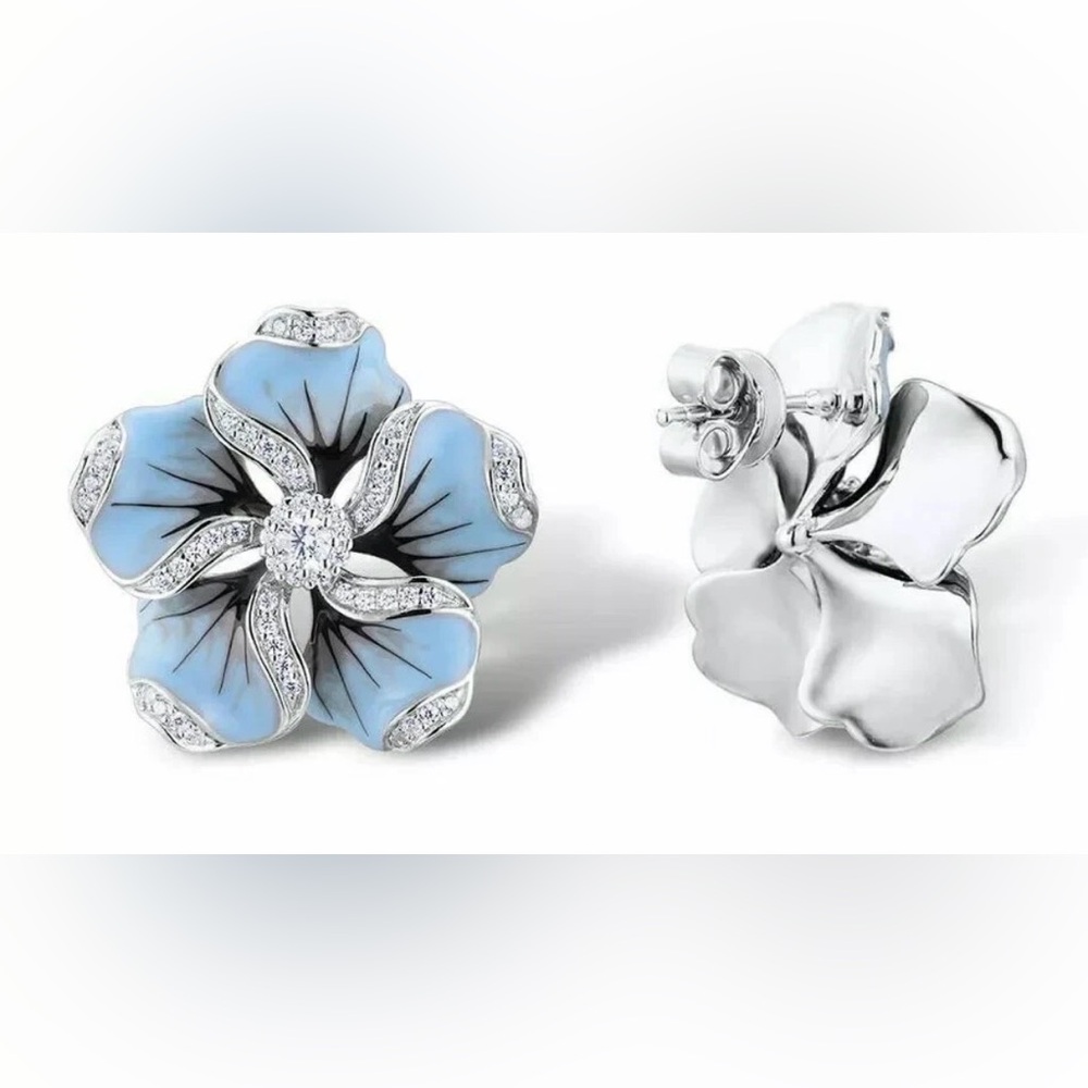 NEW 925 Silver Plated Blue Flower Stud Statement Earrings, Crystal Cubic Zircon - Picture 4 of 8